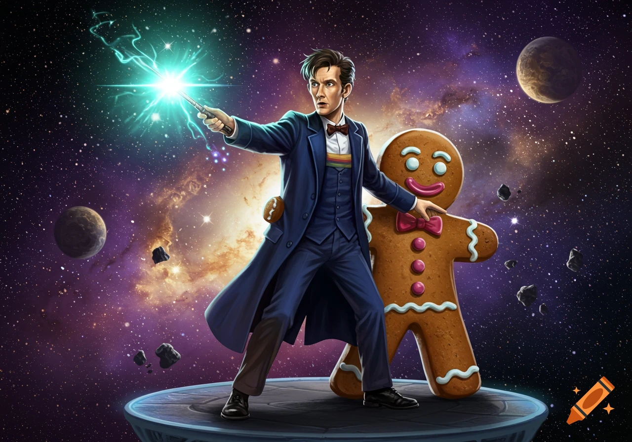 Doctor Who holds a glowing wand alongside a giant gingerbread man in outer space with planets and asteroids.