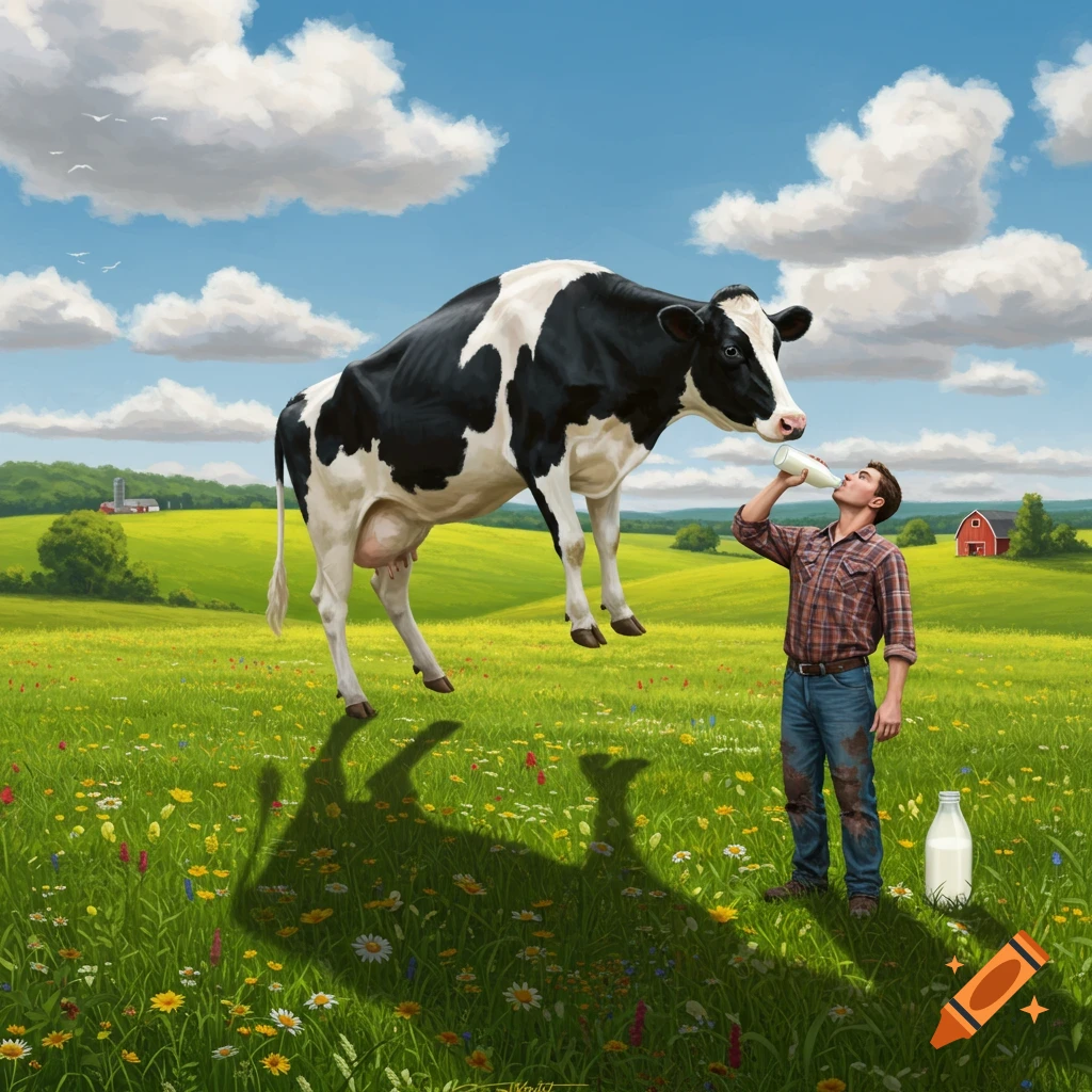 A man in a plaid shirt drinks milk from a bottle while a large black and white cow floats above him in a sunny green field.