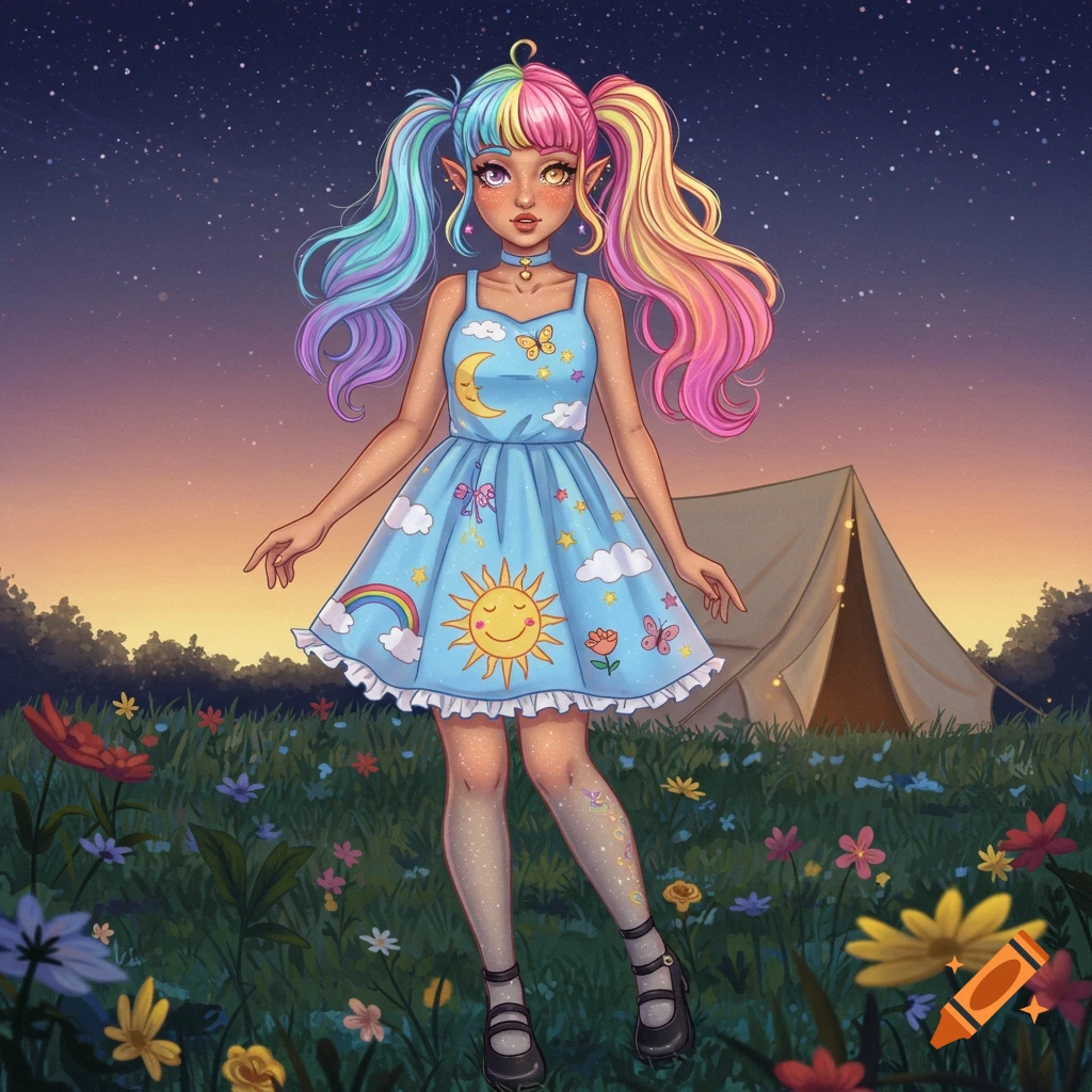 A vibrant fantasy character with rainbow pigtails and a blue dress with sun and moon patterns stands in a field at night with a tent in the background.