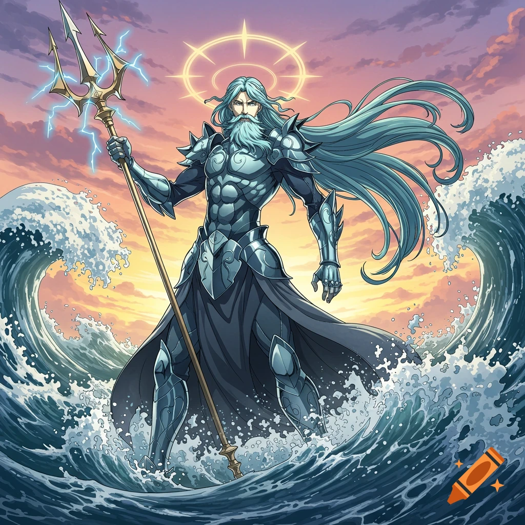Armored Poseidon with a trident standing in crashing waves at sunset in an anime art style.
