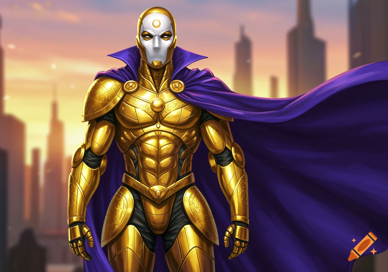 A superhero in shiny golden armor and a flowing purple cape stands in front of a city skyline at sunset. The superhero wears a white mask with a golden crescent moon symbol.