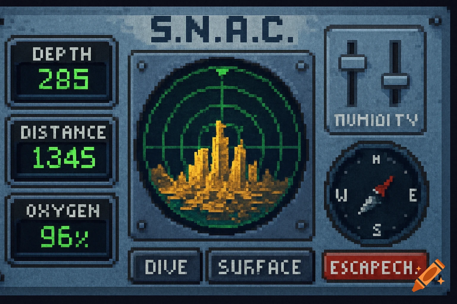 A pixelated submersible control panel with depth, distance, and oxygen readings, a sonar displaying a sunken city, and various buttons.