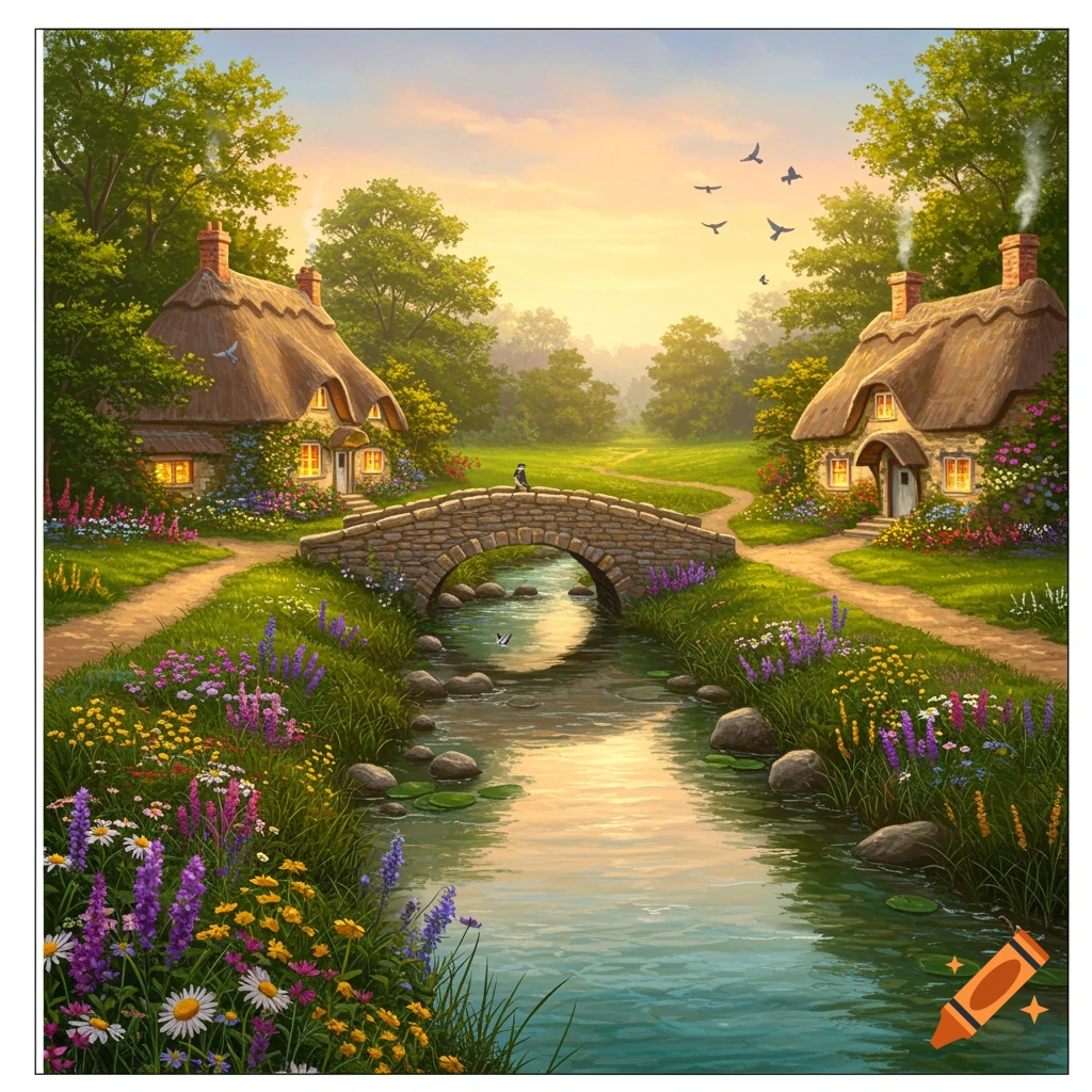 A charming landscape painting of two thatched-roof cottages separated by a stream and a stone bridge, surrounded by wildflowers and trees at sunset.