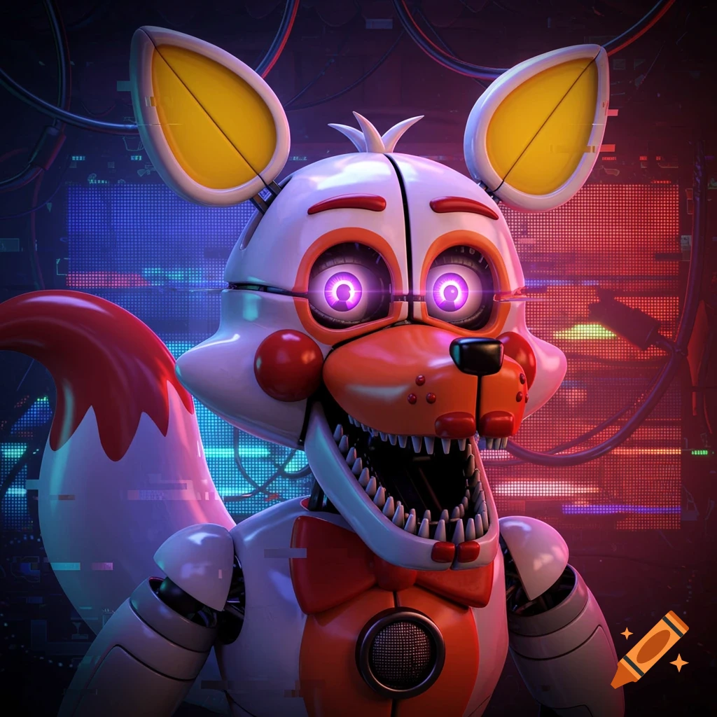 A white and orange animatronic fox character with glowing purple eyes and sharp teeth in a dark, tech-filled room.