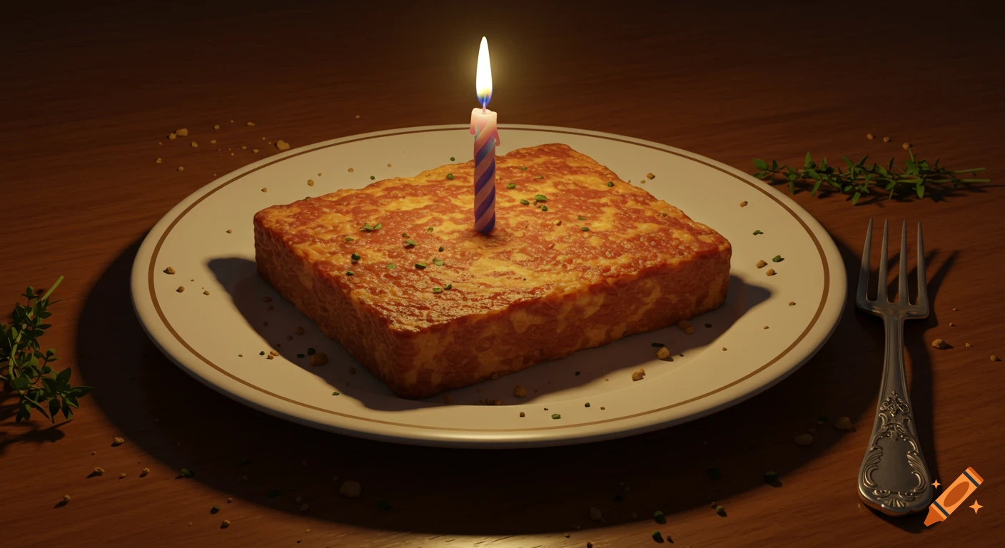 Photorealistic image of a piece of scrapple with a lit birthday candle on a white plate, with a fork and herbs on a wooden table.