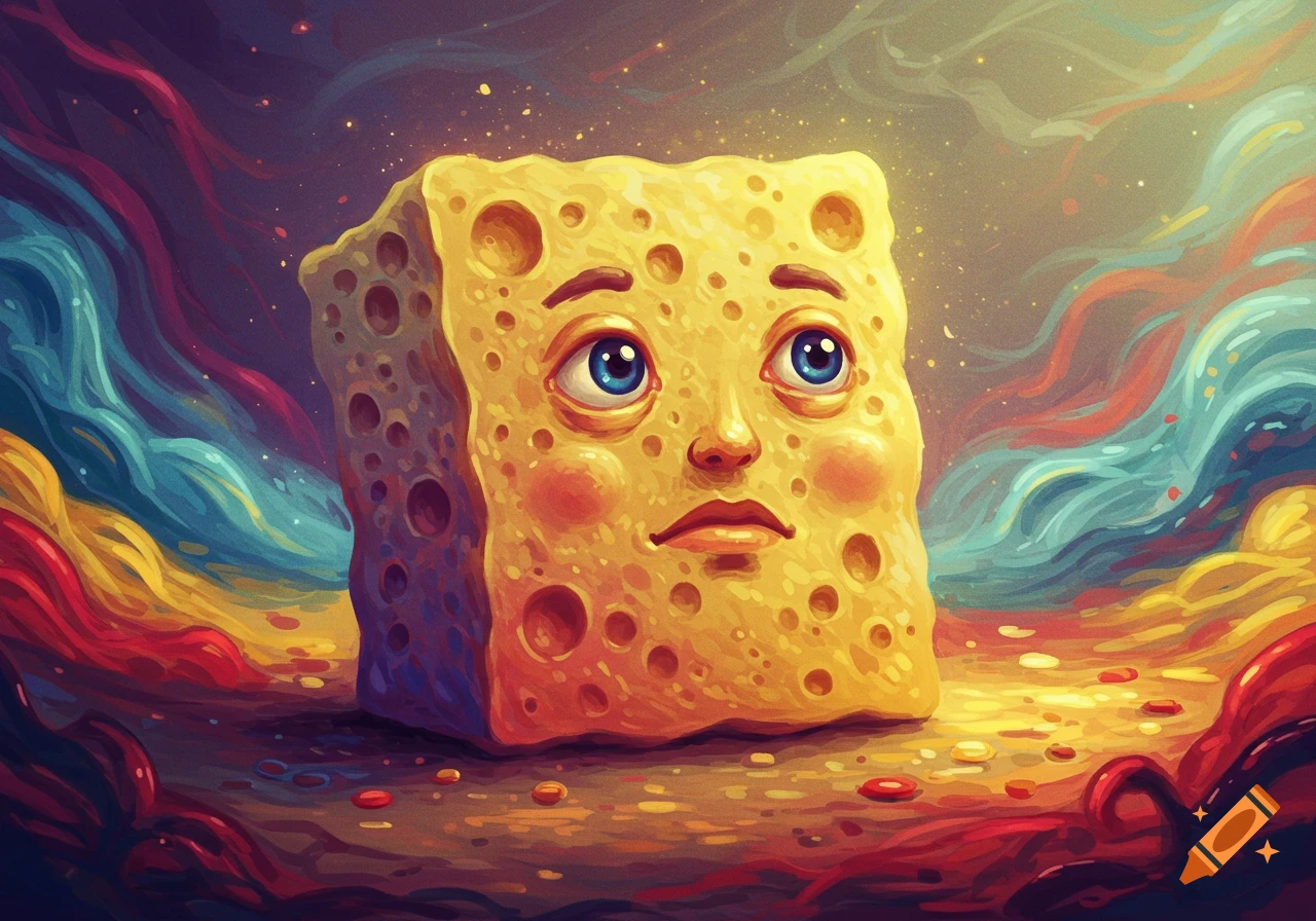A stylized sponge with human-like features and a somber expression, set against a vibrant, colorful, painterly background.