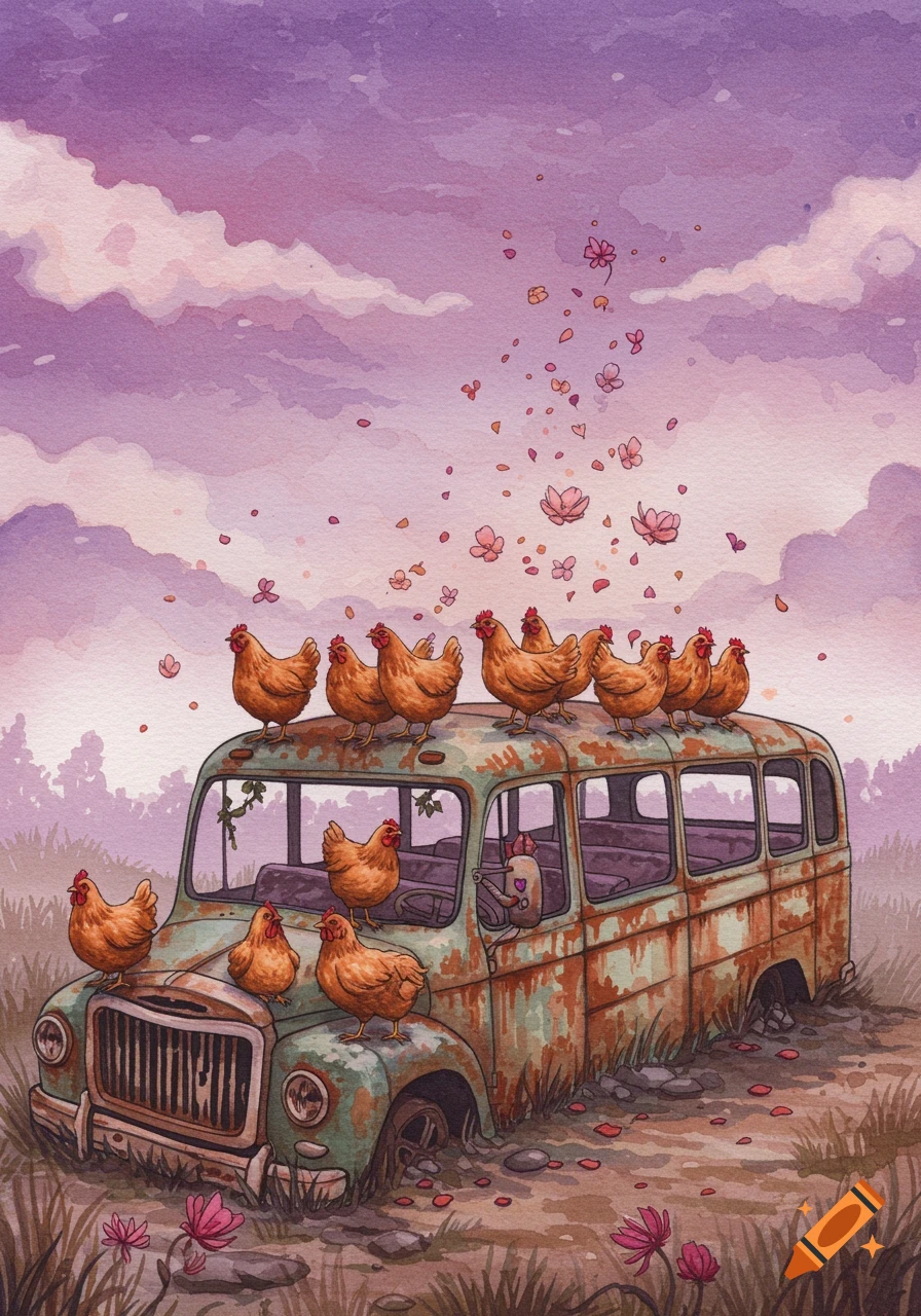 Watercolor painting of chickens perched on a rusty old bus under a purple sky with falling pink flowers.