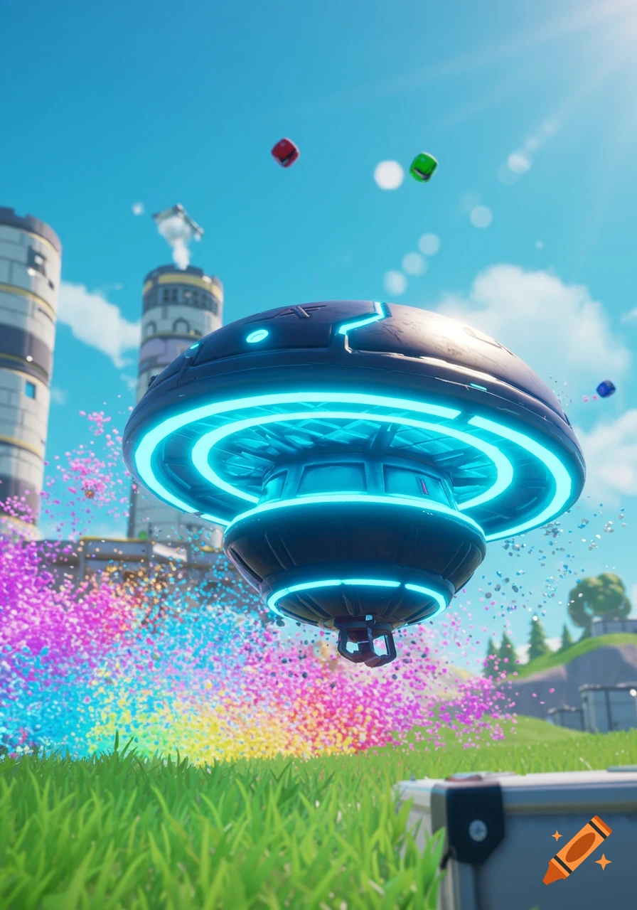 A dark gray UFO with neon blue lights hovers above a vibrant multi-colored explosion on a grassy field, with buildings in the background.