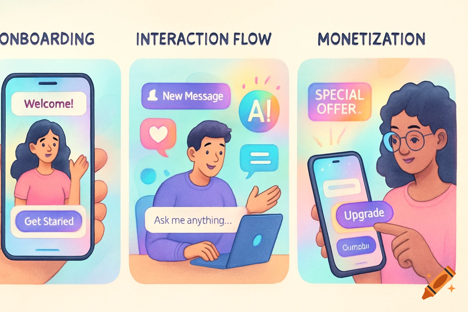 A three-panel UX storyboard illustration showing mobile app onboarding, interaction flow with a user on a laptop, and monetization with a user making a payment.