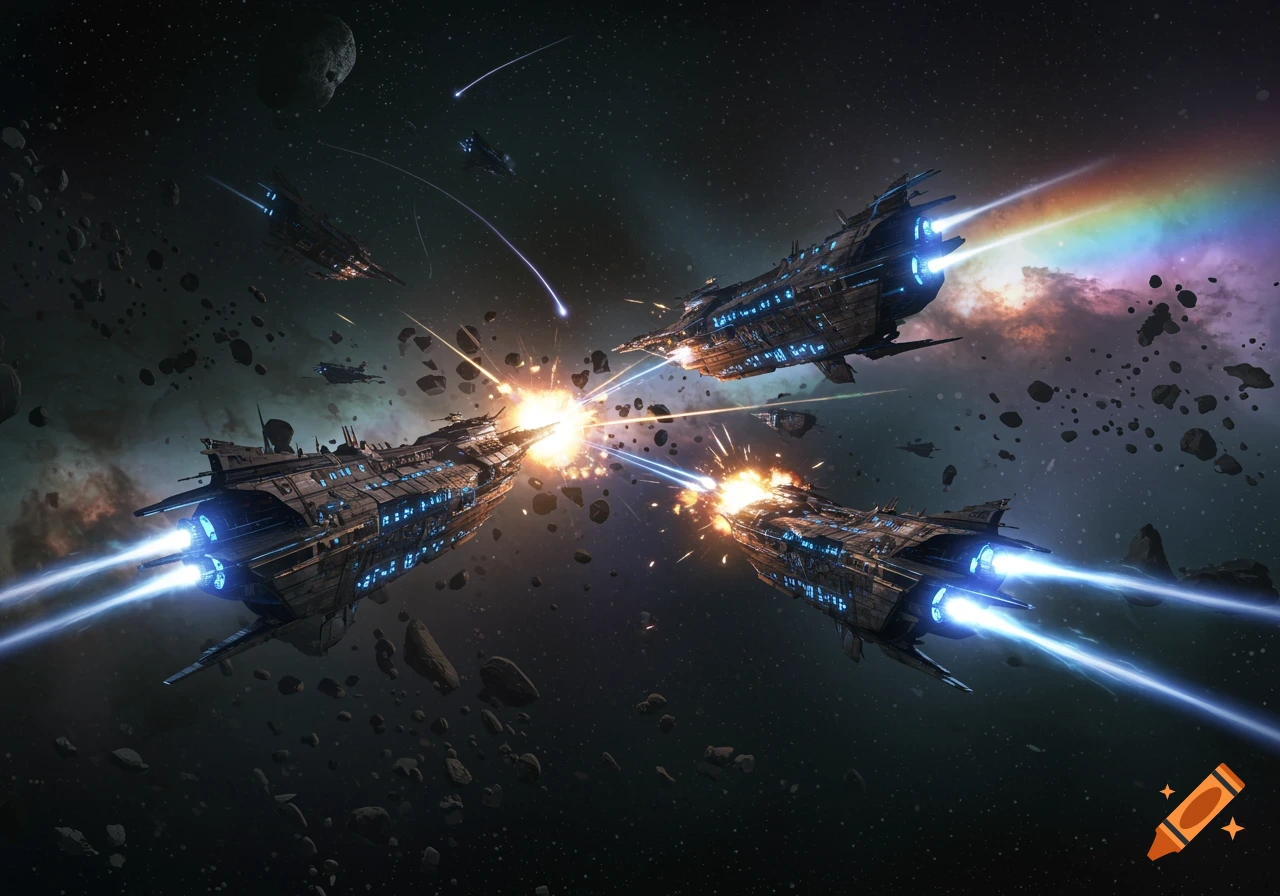 A photorealistic space battle with multiple detailed ancient spaceships firing lasers amidst an asteroid field and colorful nebulae.