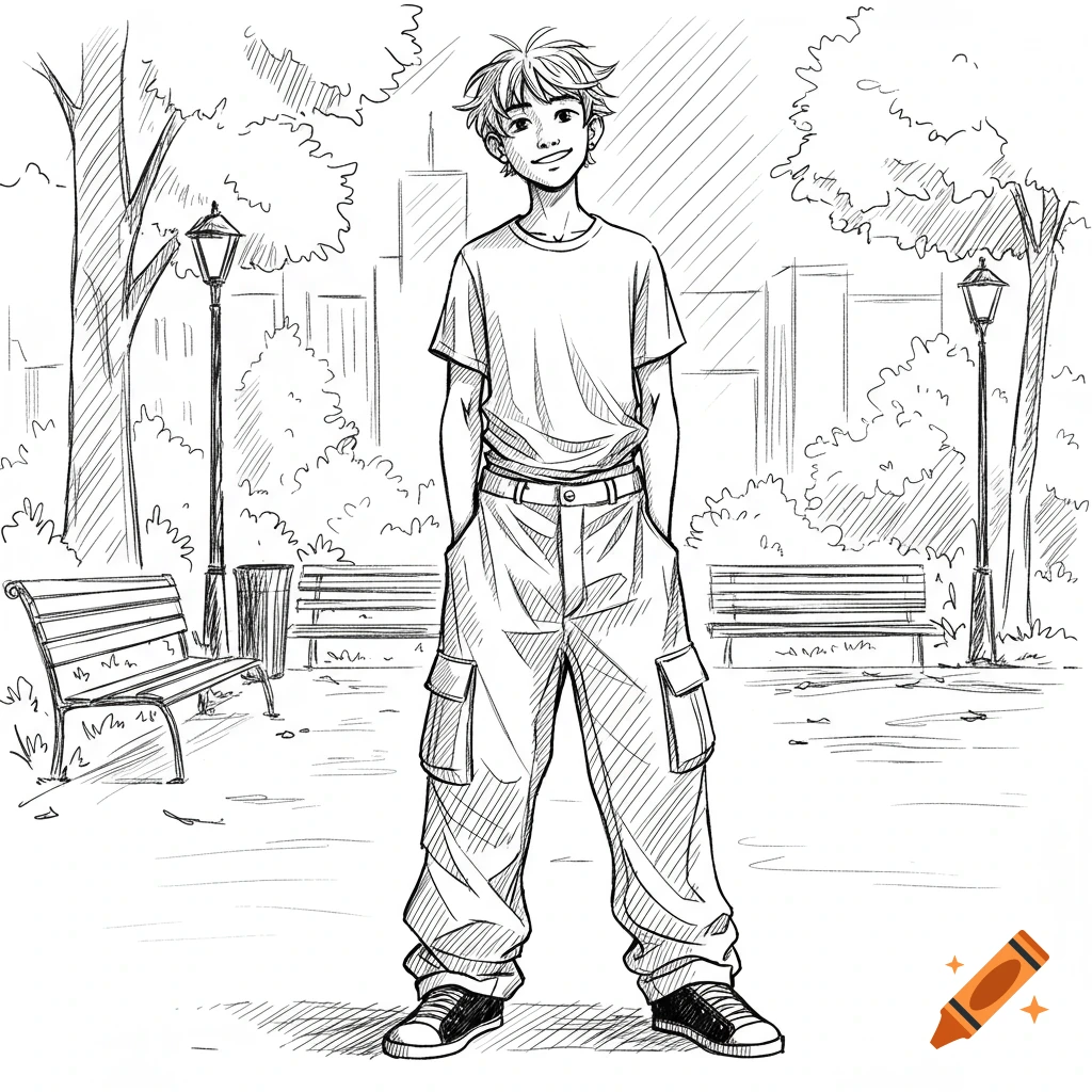 Sketch of a boy with baggy pants and a t-shirt standing in a park with trees and benches.