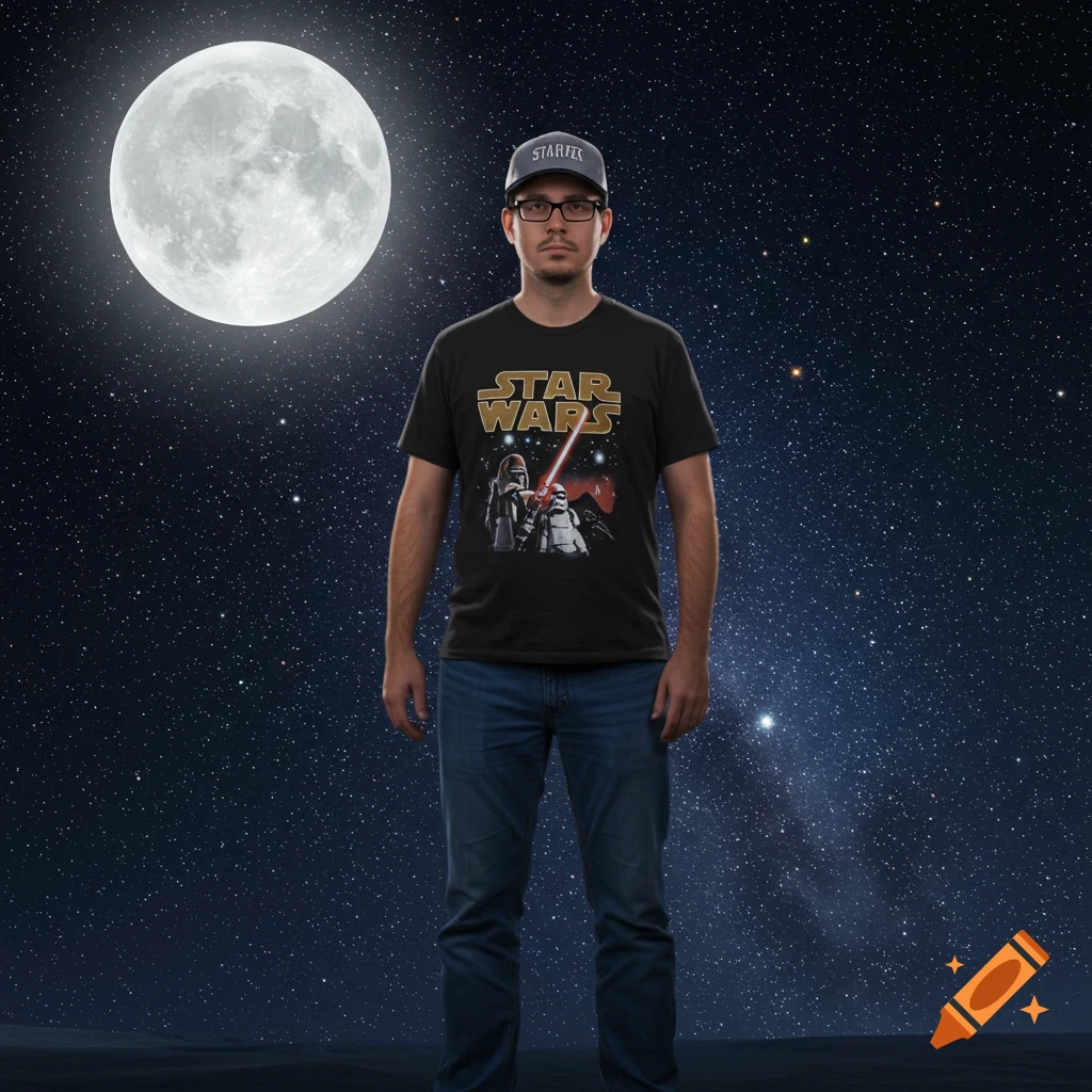 A man wearing glasses, a Star Wars t-shirt, blue jeans, and a baseball cap stands under a full moon and a starry night sky.