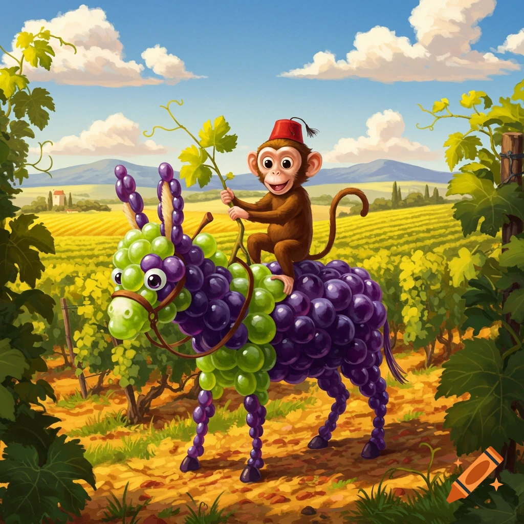 A cartoon monkey wearing a fez rides a donkey made of green and purple grapes through a vineyard under a blue sky.