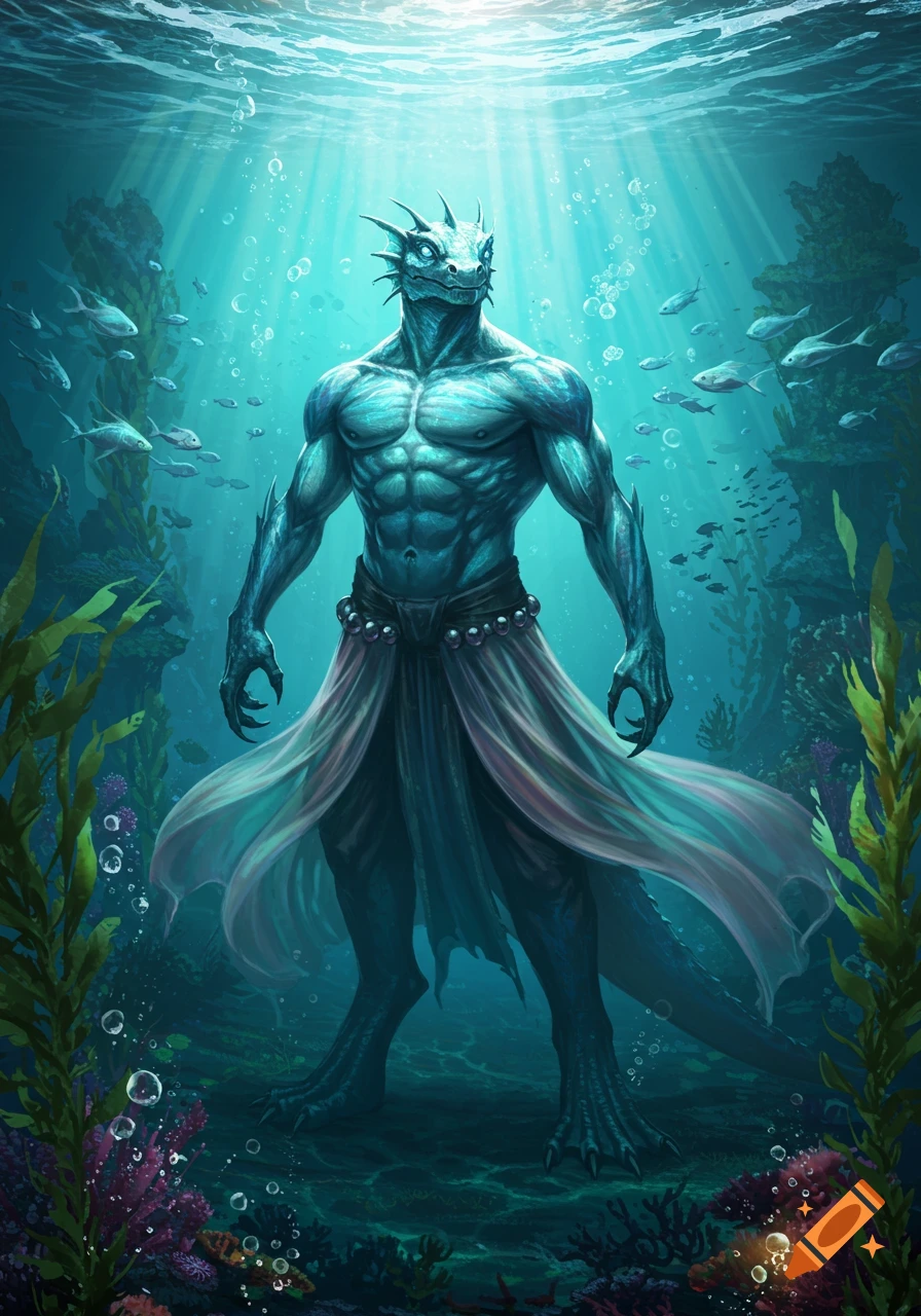 A tall, muscular blue lizardfolk stands underwater among fish and coral, with light rays from the surface.
