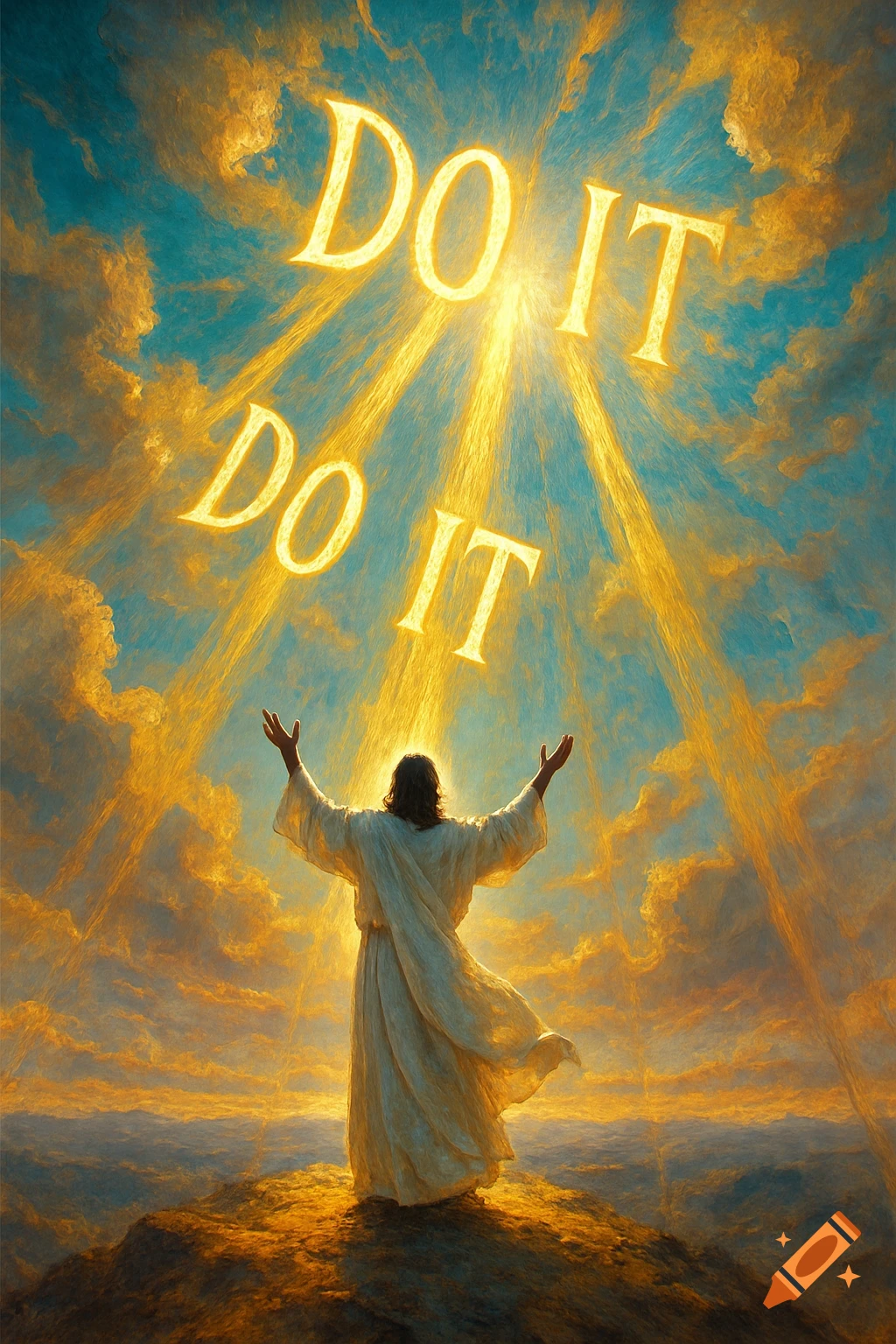 A figure resembling Jesus stands on a mountain with arms raised towards glowing 'DO IT DO IT' in a dramatic, ray-filled sky.
