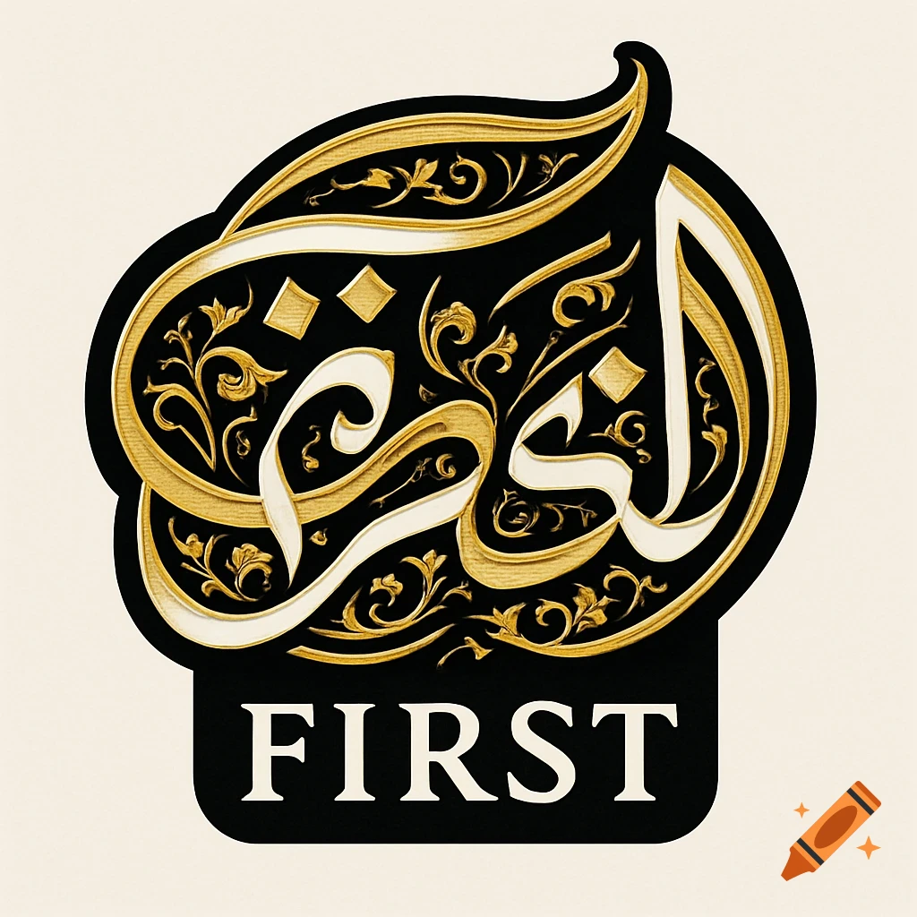 A black, white, and gold logo featuring ornate Arabic/Persian calligraphy above the English word "FIRST".