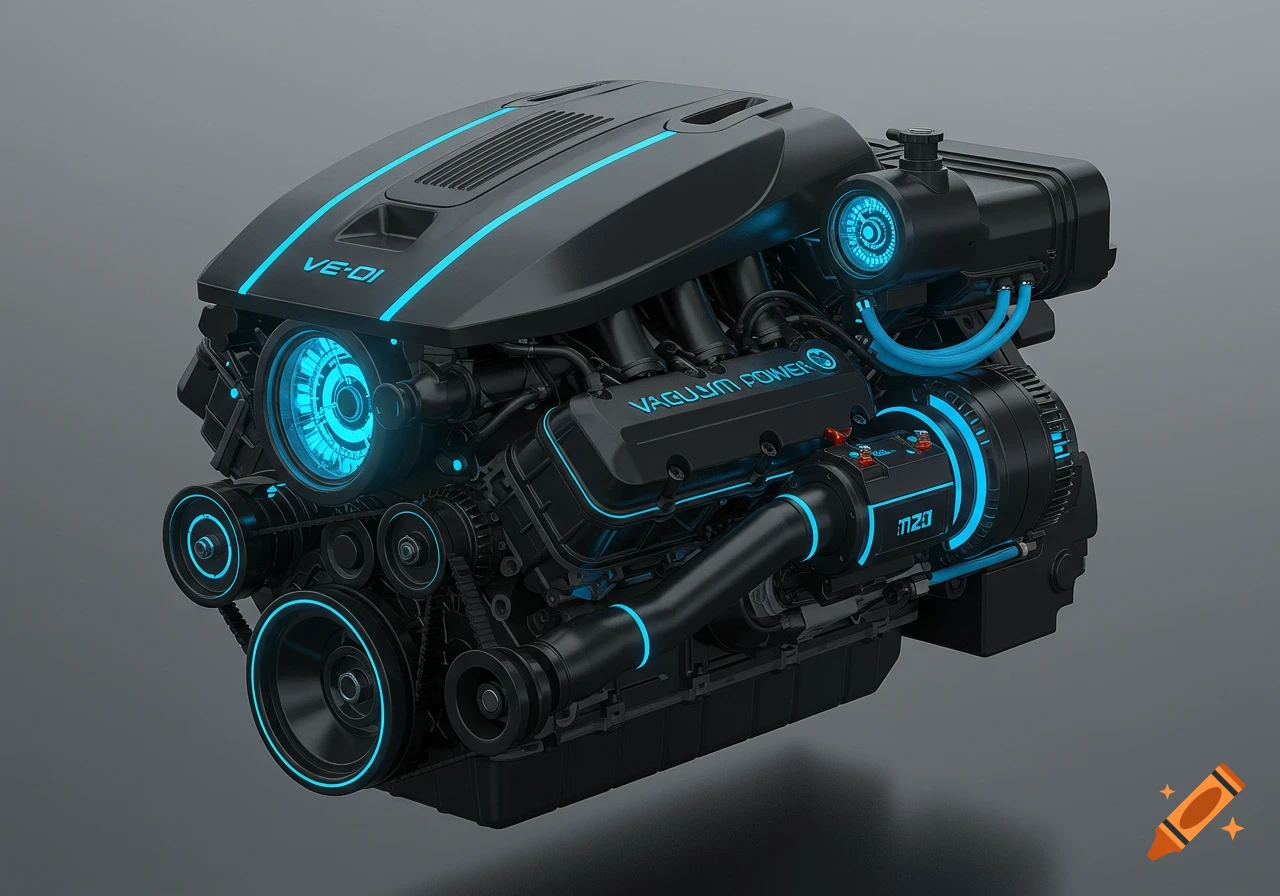 A black, futuristic car engine with glowing blue lights and accents, detailed with belts and pulleys, against a gray background.