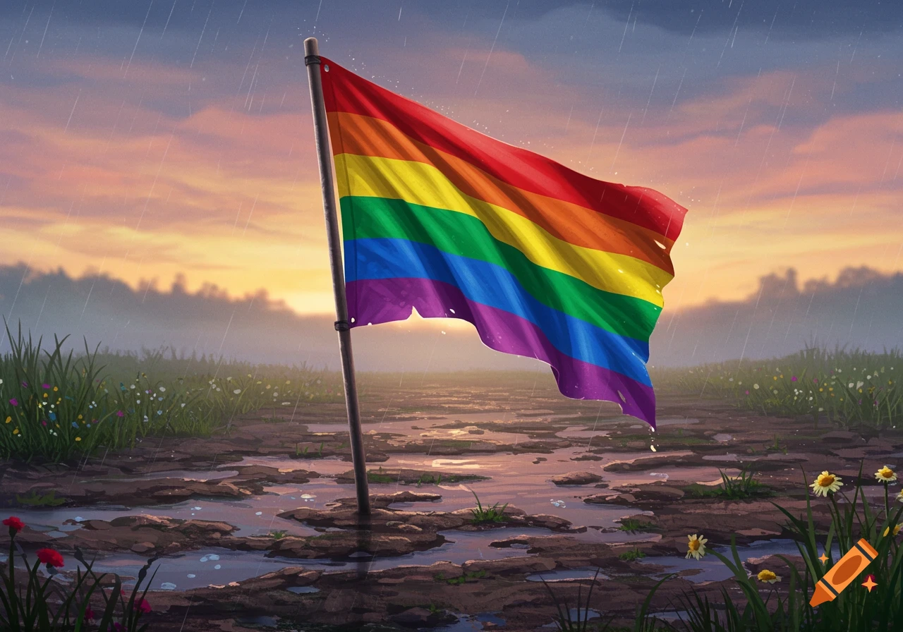 A rainbow pride flag stands in a muddy field with puddles under a sunset sky with rain.