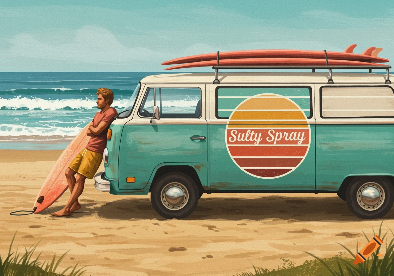 Illustrated scene of a man with a surfboard leaning against a teal and white campervan on a sandy beach, with waves in the background.