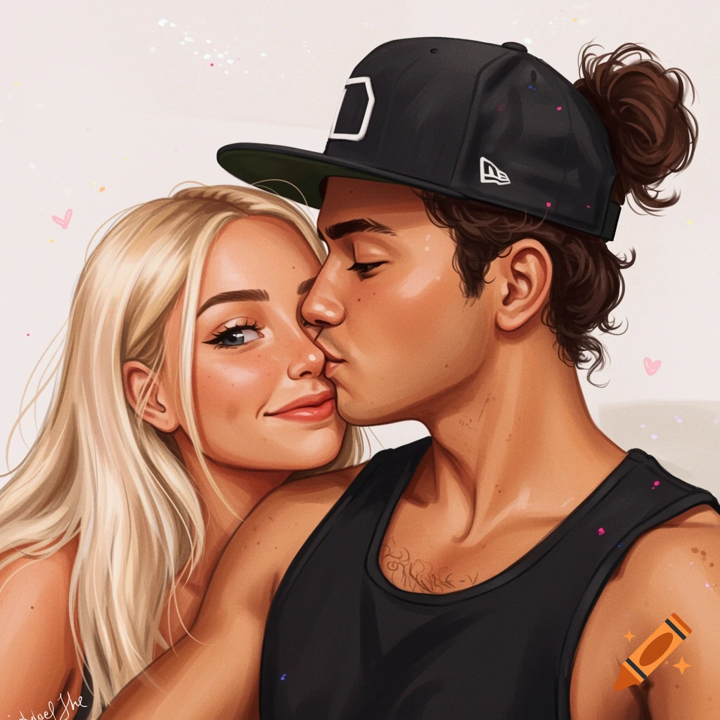 A stylized illustration of a blonde woman smiling while a man in a black tank top and baseball cap kisses her cheek.