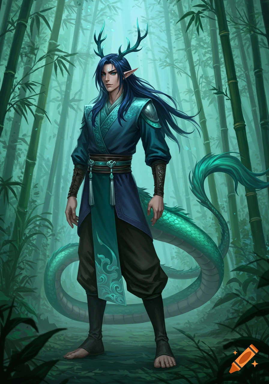A fantasy male character with antlers, blue hair, elf ears, and a green dragon tail, wearing Asian clothing in a bamboo forest.