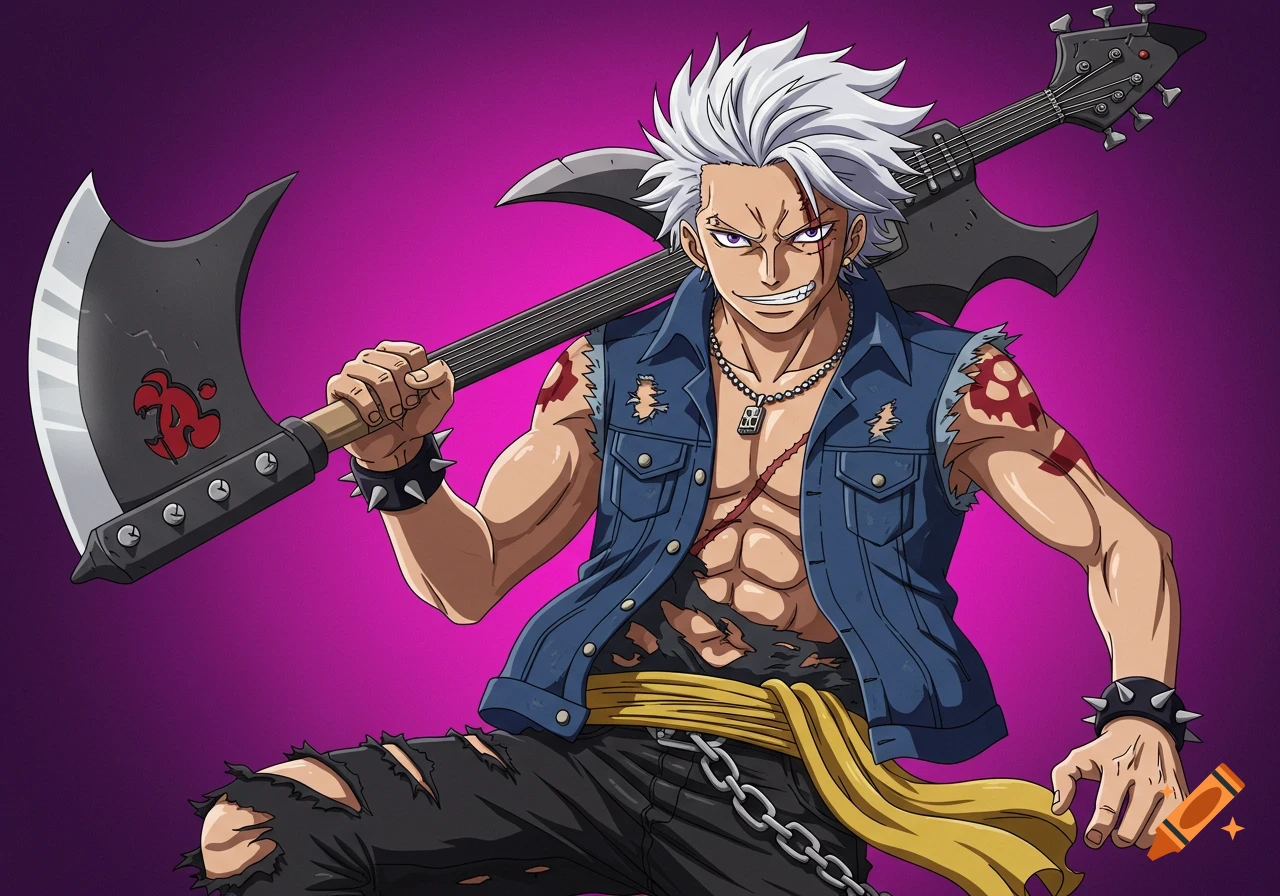 An anime character with white spiky hair, purple eyes, and a scar over his right eye, holding a guitar-axe on his shoulder, wearing a ripped denim vest and black ripped pants.