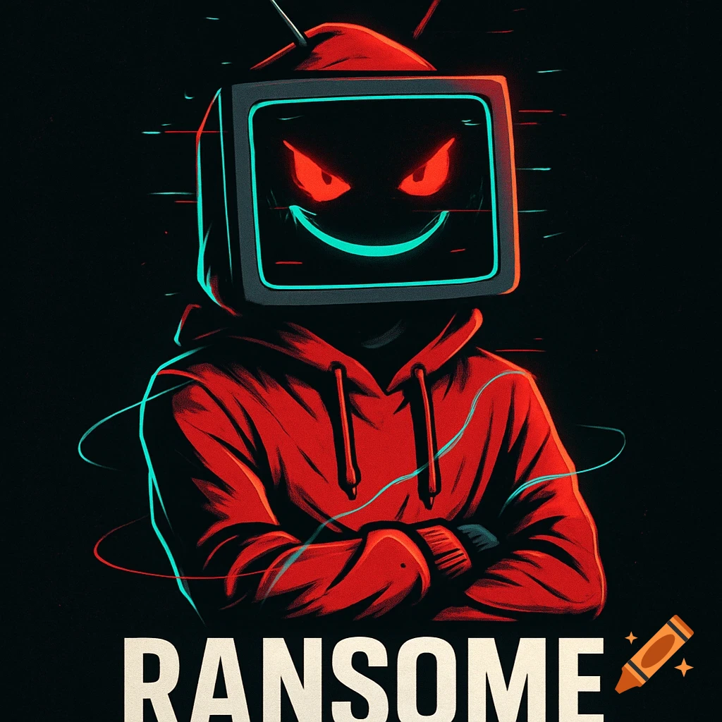 A mysterious TV-headed character in a red hoodie with glowing red eyes and a mischievous smile, with the word RANSOME below.
