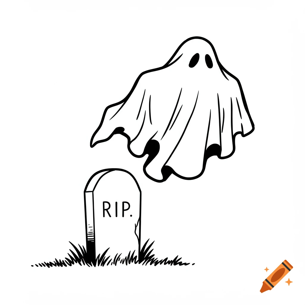Black and white 2D line art of a sheet ghost floating above a tombstone with RIP text and grass.