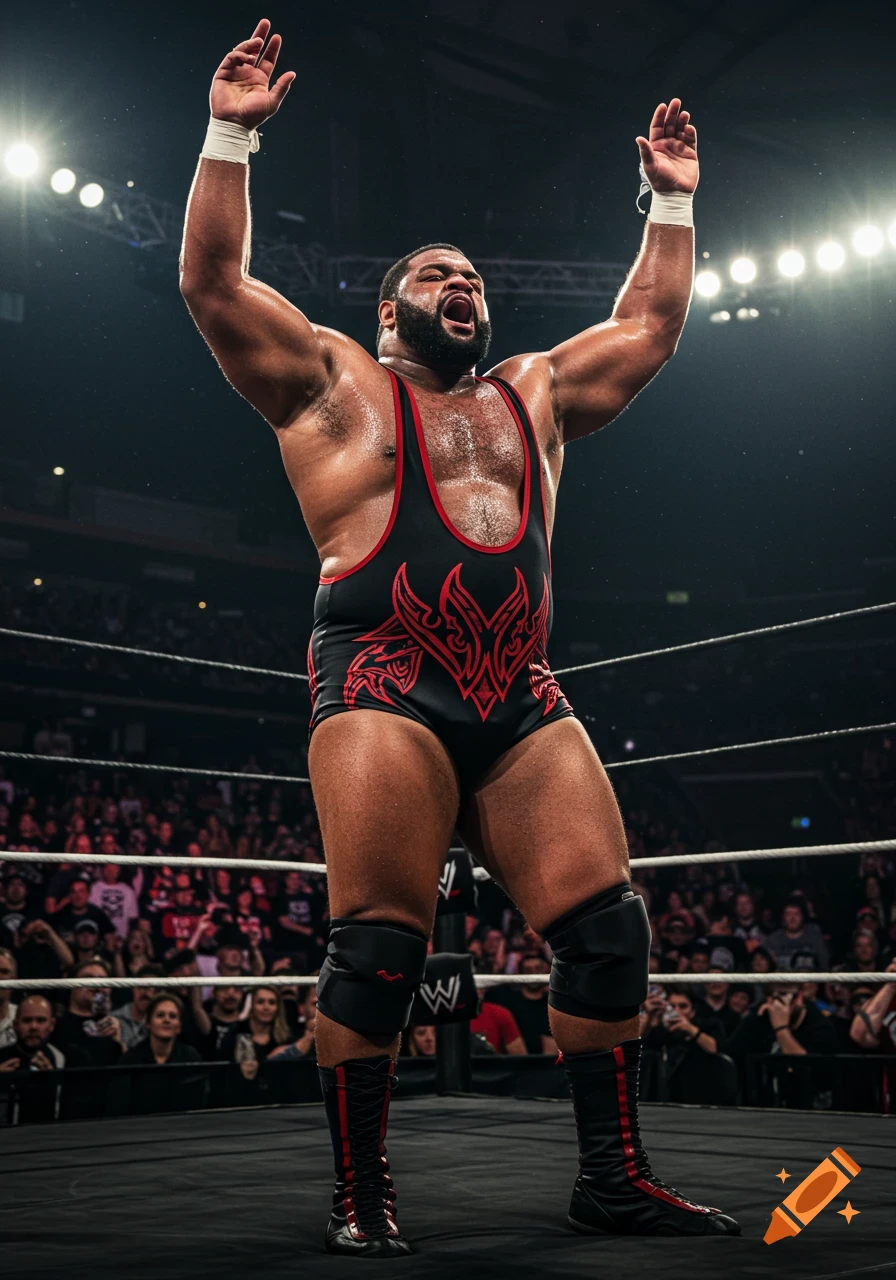 A muscular male wrestler in a black and red singlet with his arms raised in a wrestling ring, facing a cheering crowd.