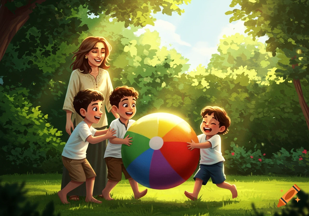 An illustration of a mother and three young boys happily playing with a large colorful beach ball in a sunny, green park.