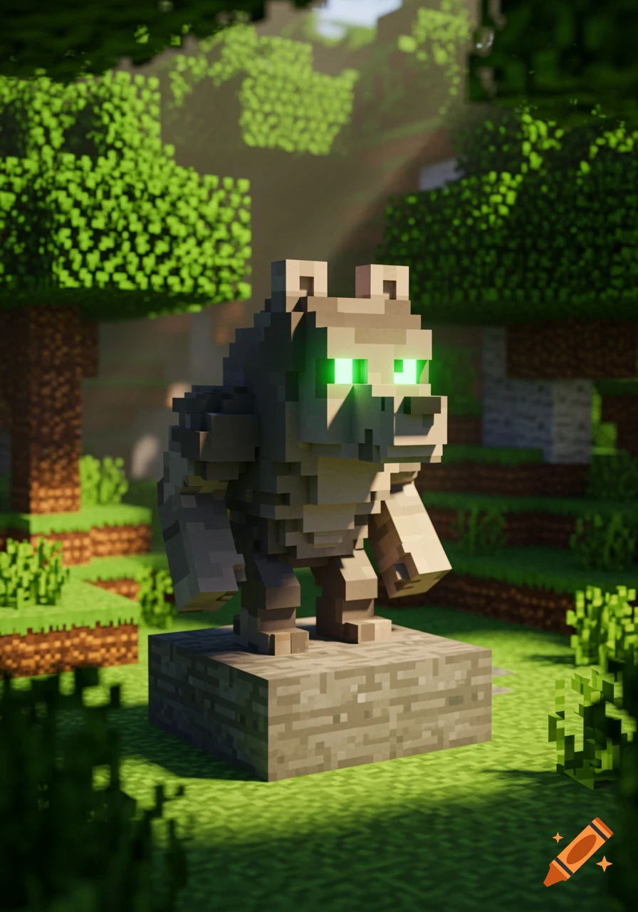 A pixelated Minecraft-style werewolf statue with glowing green eyes stands on a stone base in a sunny blocky forest.