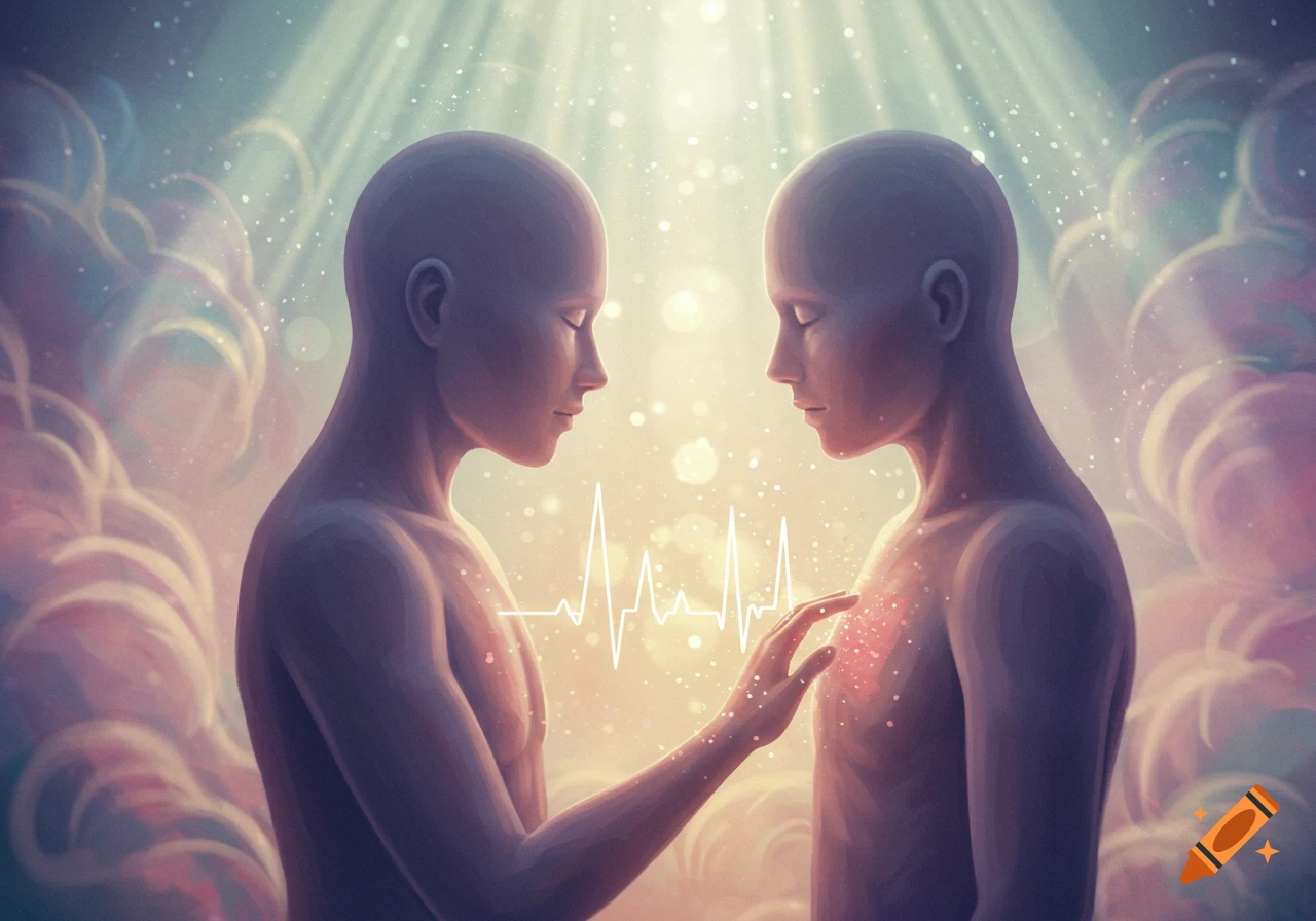 Two bald, gender-neutral figures face each other, one touching the other's chest as a glowing heartbeat line connects them amidst ethereal light and clouds.