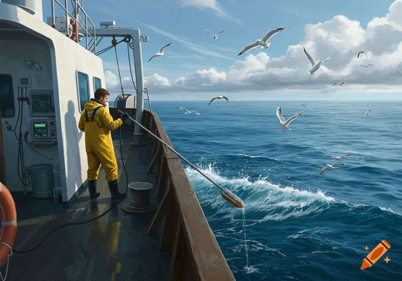 A marine science technician in a yellow suit deploys an instrument from a boat into the blue ocean under a partly cloudy sky with seagulls flying around.