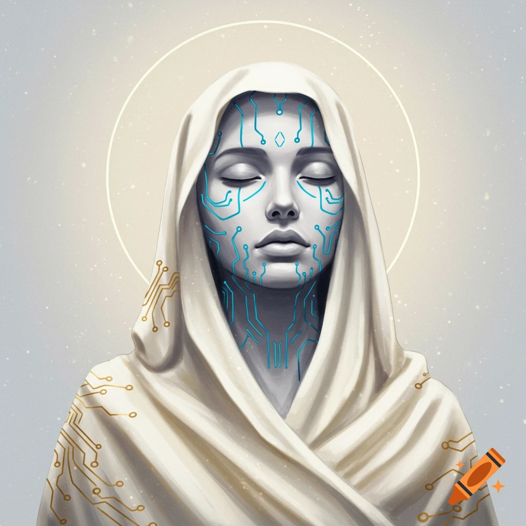 A serene figure with circuit patterns on her face and shroud, against a light background with a halo.