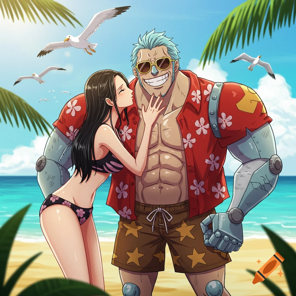 Anime characters Nico Robin in a bikini kissing Franky on a tropical beach with palm trees and seagulls.