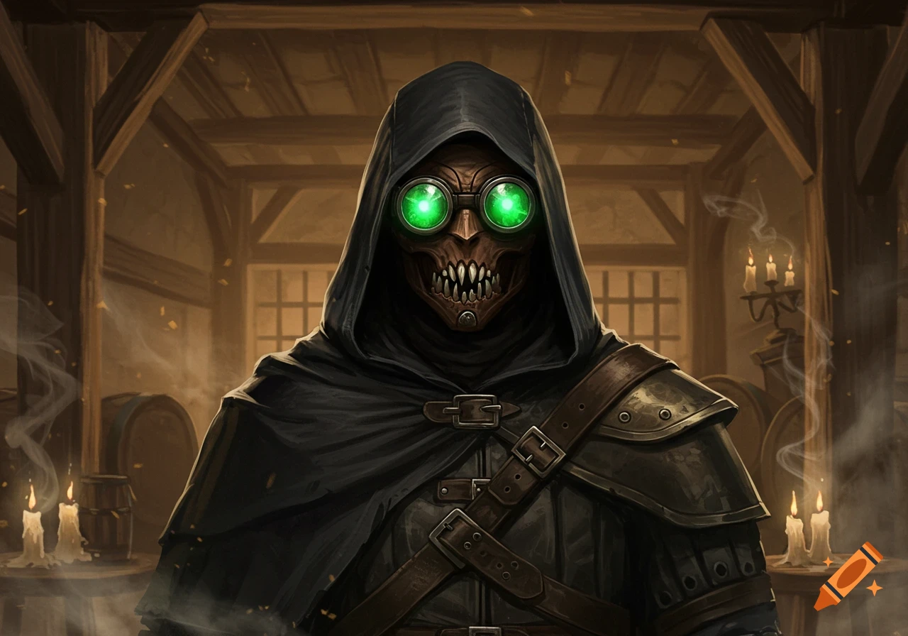 A hooded figure wearing green glowing goggles, a skeletal mask, and dark armor stands in a dimly lit tavern.
