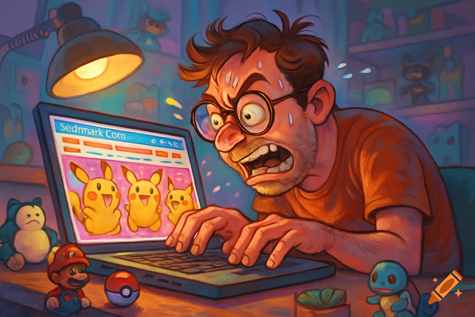 Cartoon illustration of a stressed man on a laptop with Pokemon on screen, surrounded by gaming figures.