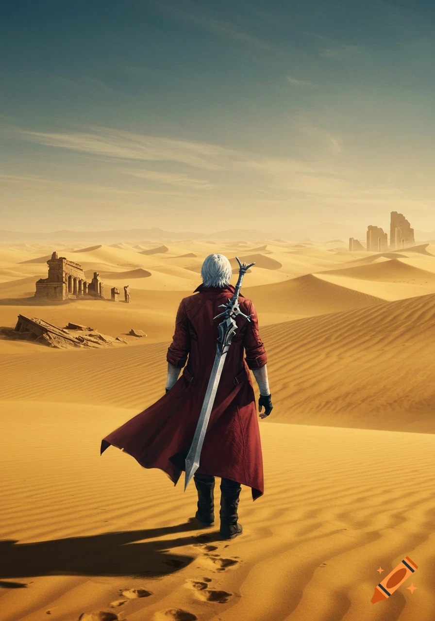 A white-haired man in a red trench coat with a large sword on his back walks through a vast desert towards ancient ruins under a blue sky.