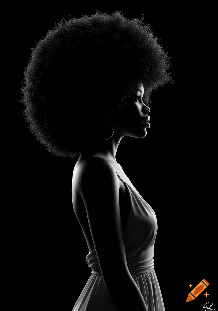 Black and white profile portrait of a woman with a voluminous afro, illuminated by dramatic side lighting against a dark background.