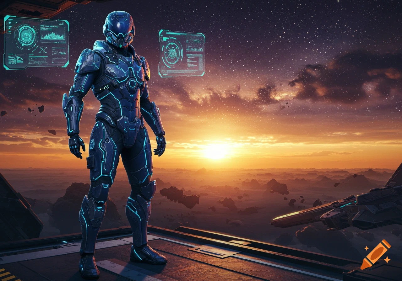 A futuristic warrior in blue and black armor stands on a platform overlooking a sunset planet with floating rocks and holographic screens in space.