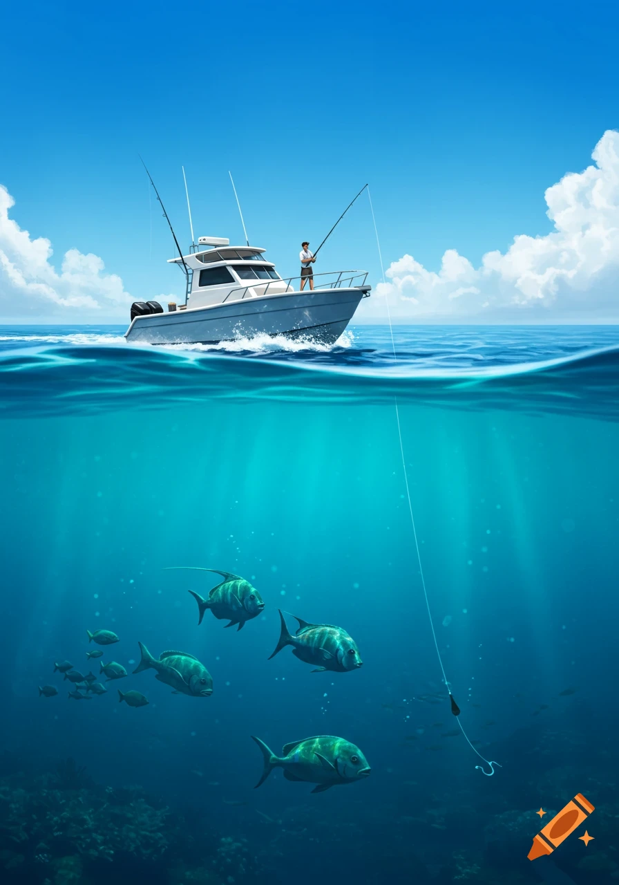 Man fishing from a boat with a split view showing fish swimming around the fishing line underwater.
