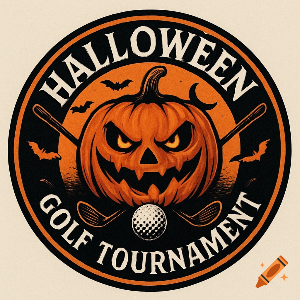 A round Halloween Golf Tournament logo featuring a carved jack-o'-lantern, crossed golf clubs, a golf ball, and flying bats on an orange and black background.