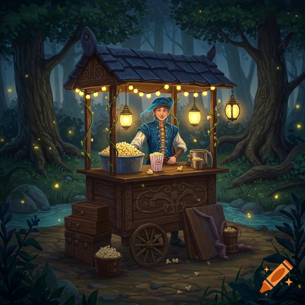 An illustrated fantasy scene of a person selling popcorn from a decorated cart in an enchanted forest at night with glowing fireflies.