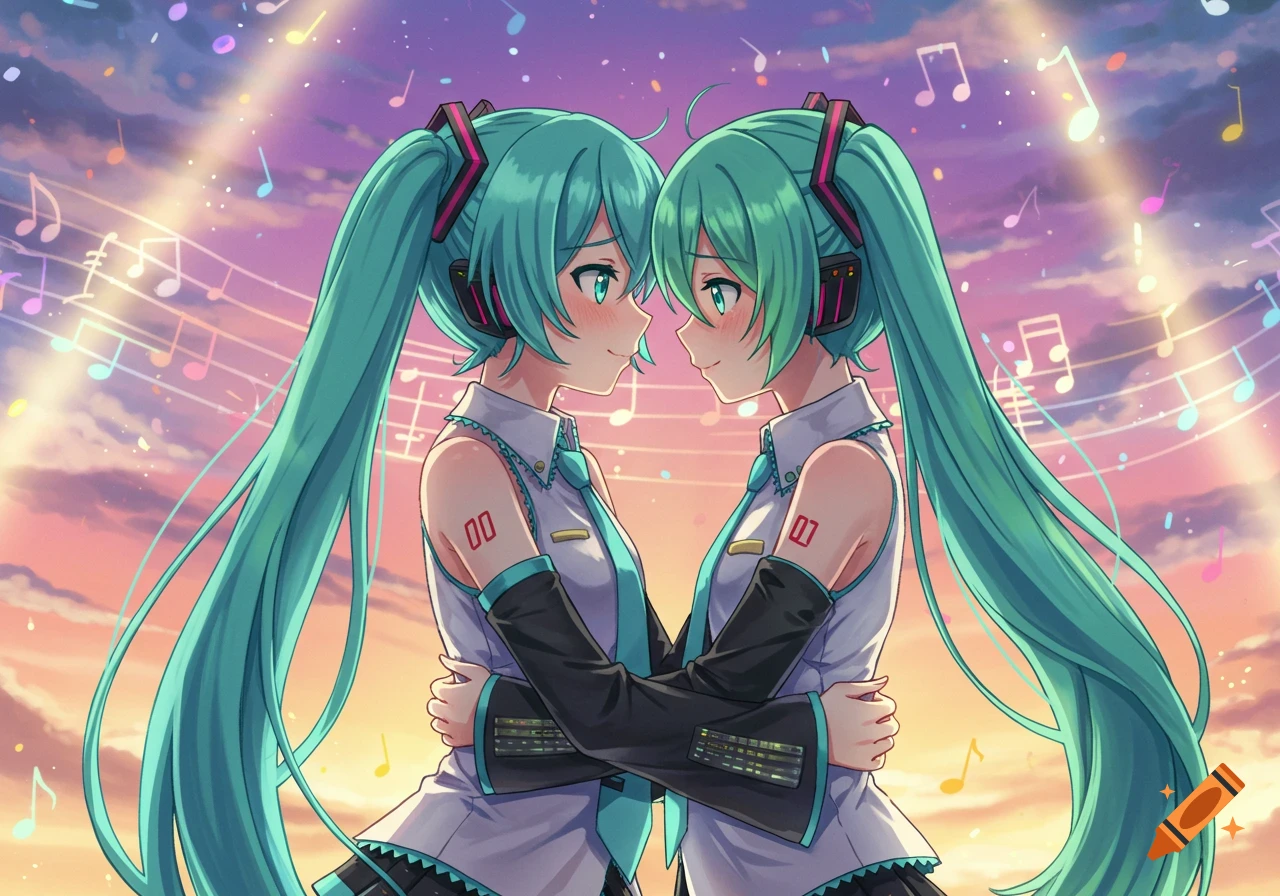 Two anime girls with long teal pigtails, resembling Hatsune Miku, embrace each other under a vibrant sunset sky filled with floating musical notes.