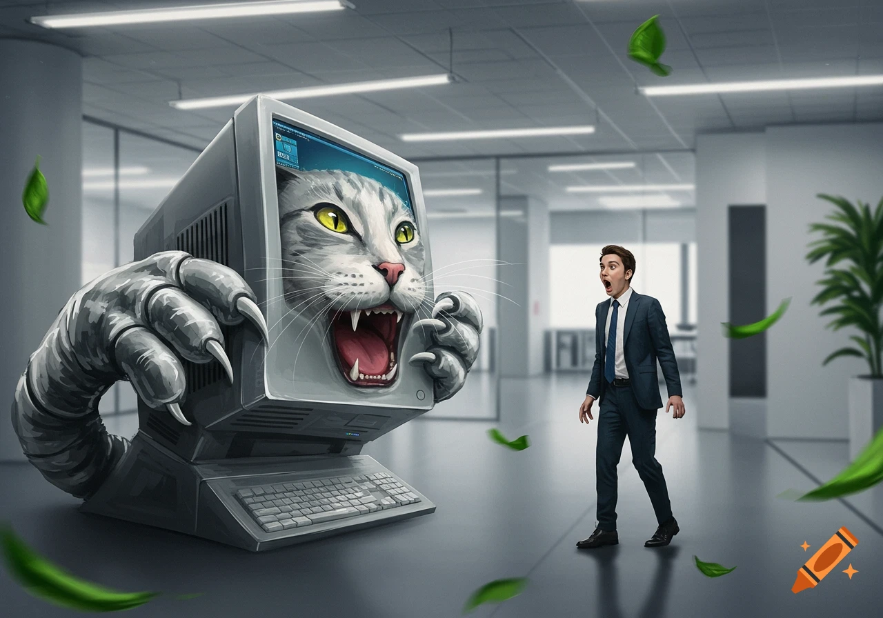 A roaring gray cat with claws emerges from a computer monitor, startling a man in an office. Green leaves float through the air.