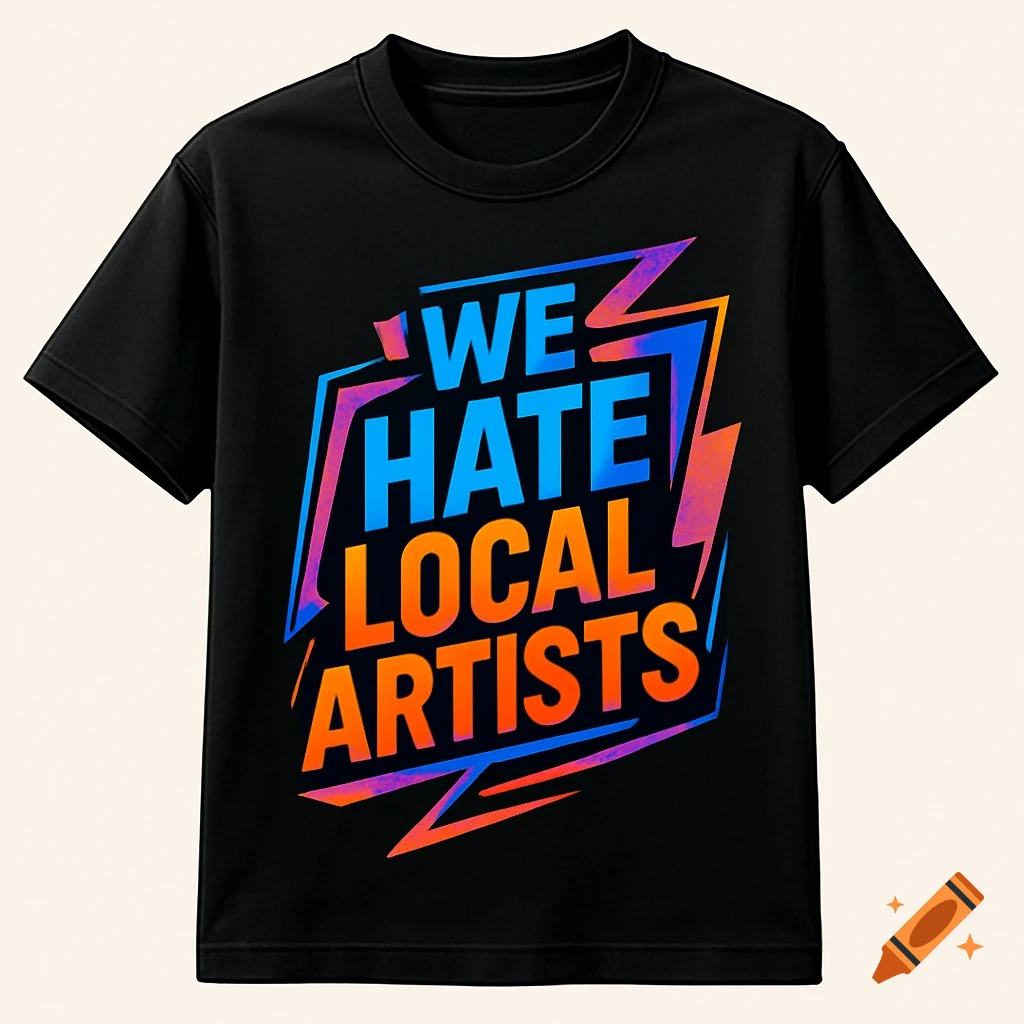 A black t-shirt with a colorful graphic design that says 'WE HATE LOCAL ARTISTS' in bright blue and orange letters.