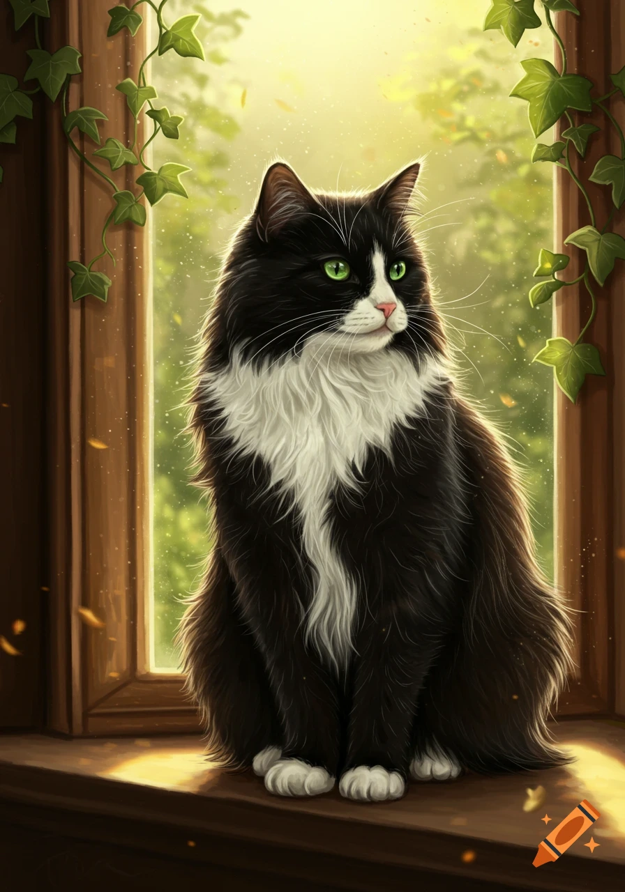 A fluffy black and white tuxedo cat with bright green eyes sits on a sunlit wooden windowsill, framed by green ivy.