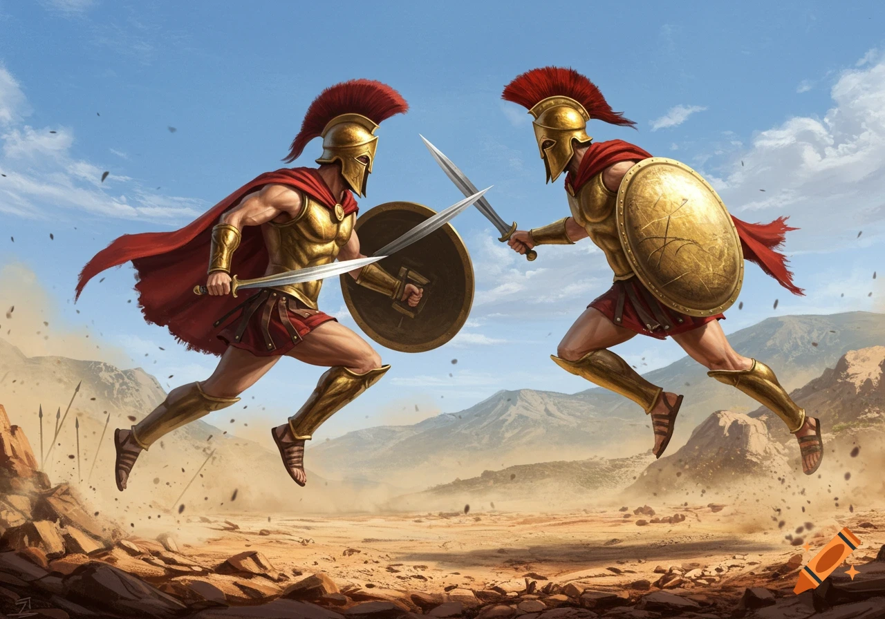 Two Spartan warriors in gold armor and red capes clash swords mid-air in a desert landscape.