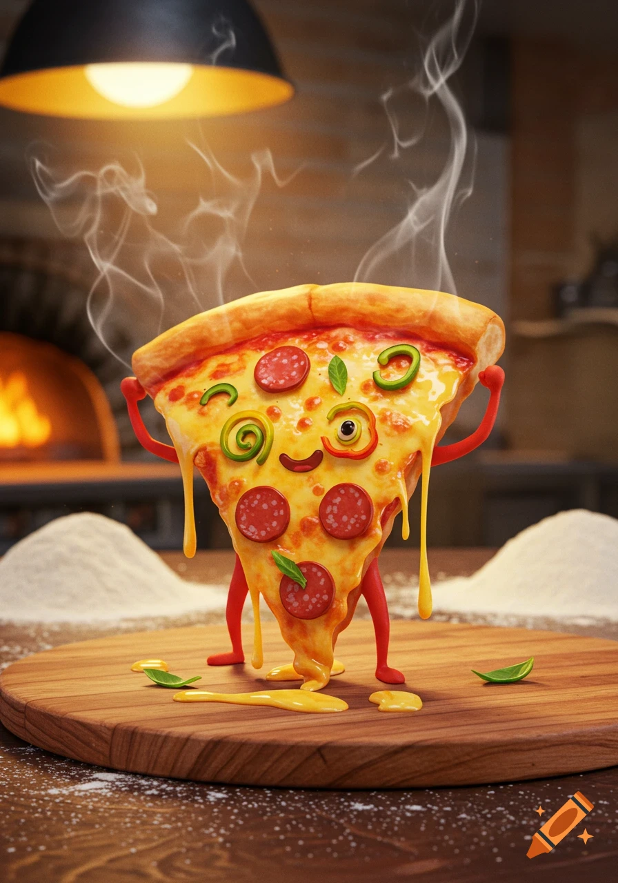 A slice of hot, steaming pizza with pepperoni and vegetables has a cartoon face, arms, and legs, standing on a wooden board.