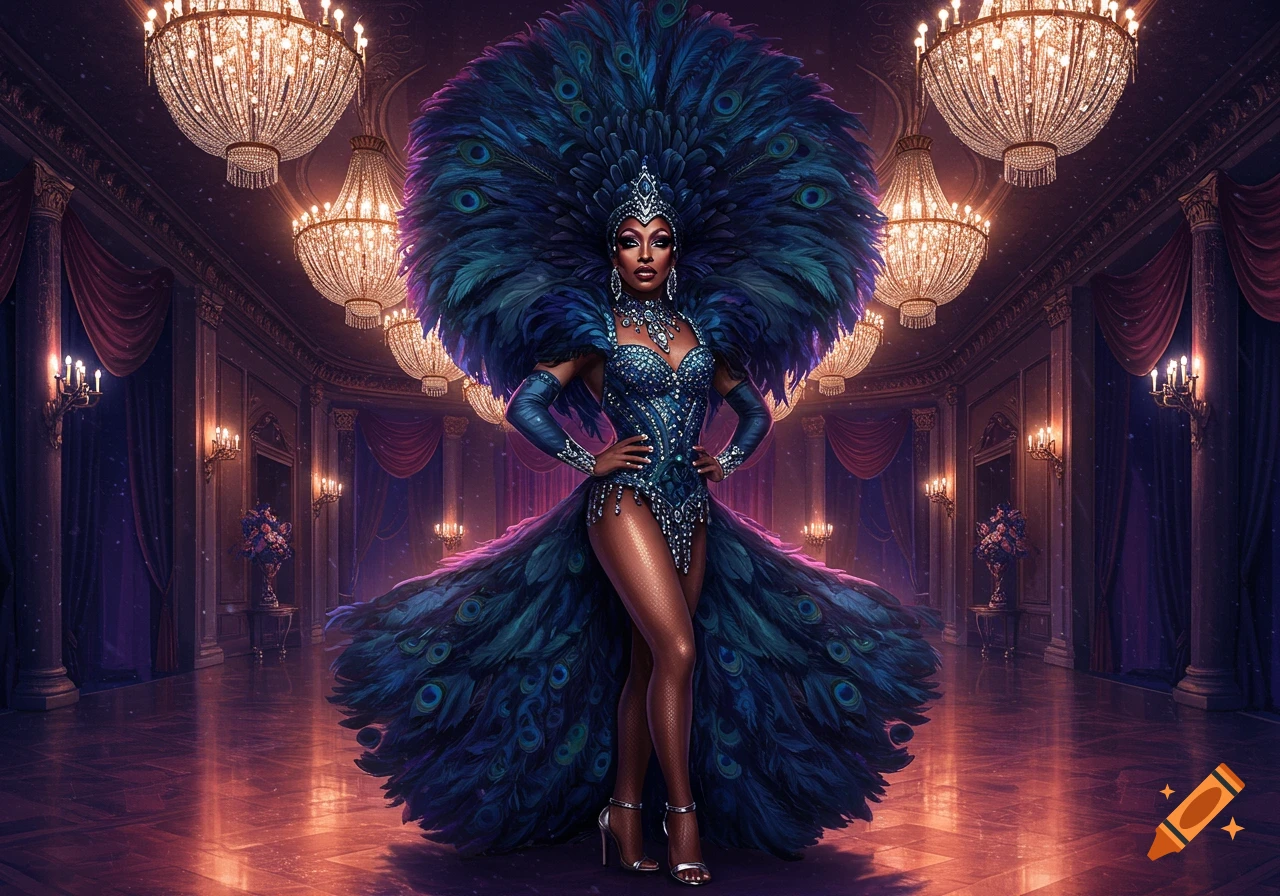 A glamorous drag queen in an elaborate blue peacock feather gown and headpiece poses in a grand ballroom with sparkling chandeliers.